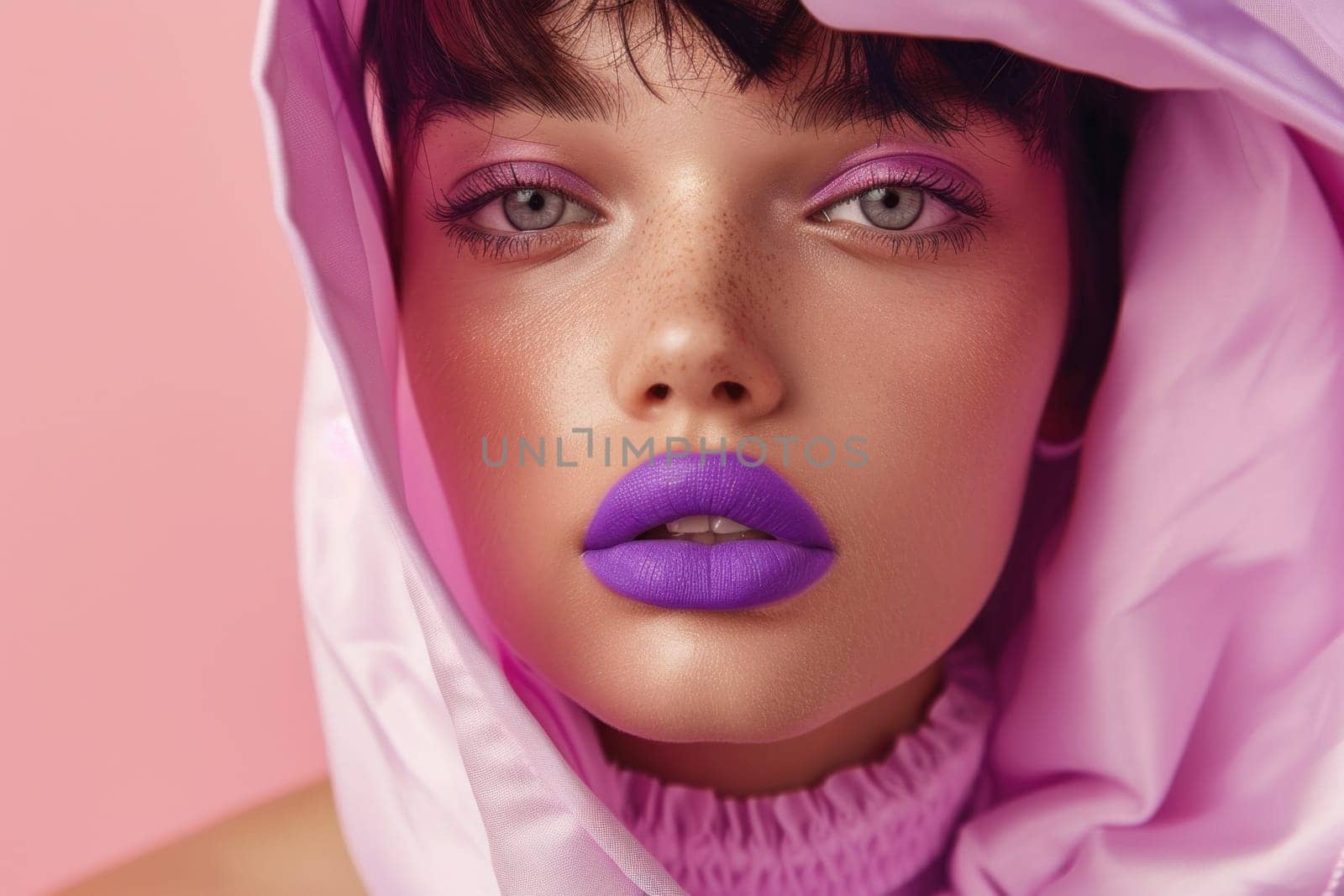 Stylish young woman with purple lips and pink scarf on pink background fashion beauty portrait concept