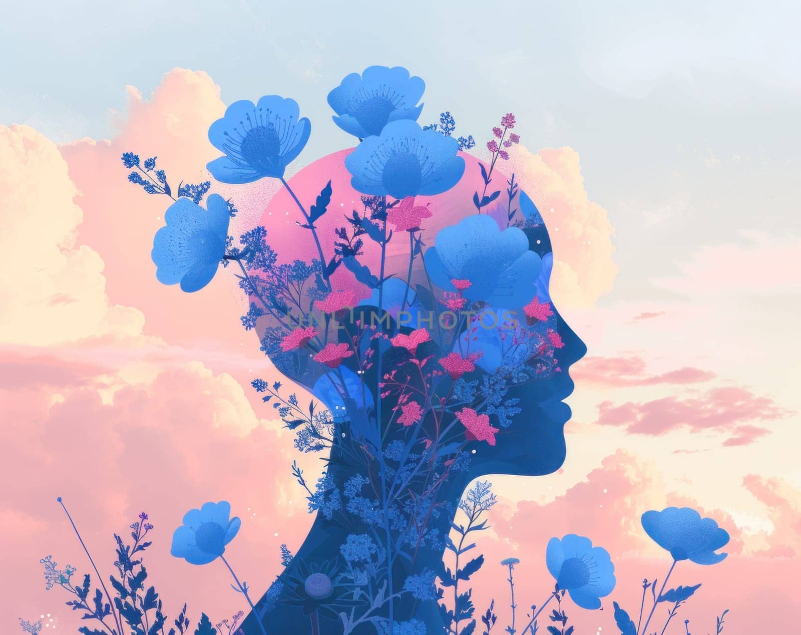Woman with flowers in hair and clouds in background beauty and serenity in nature's embrace
