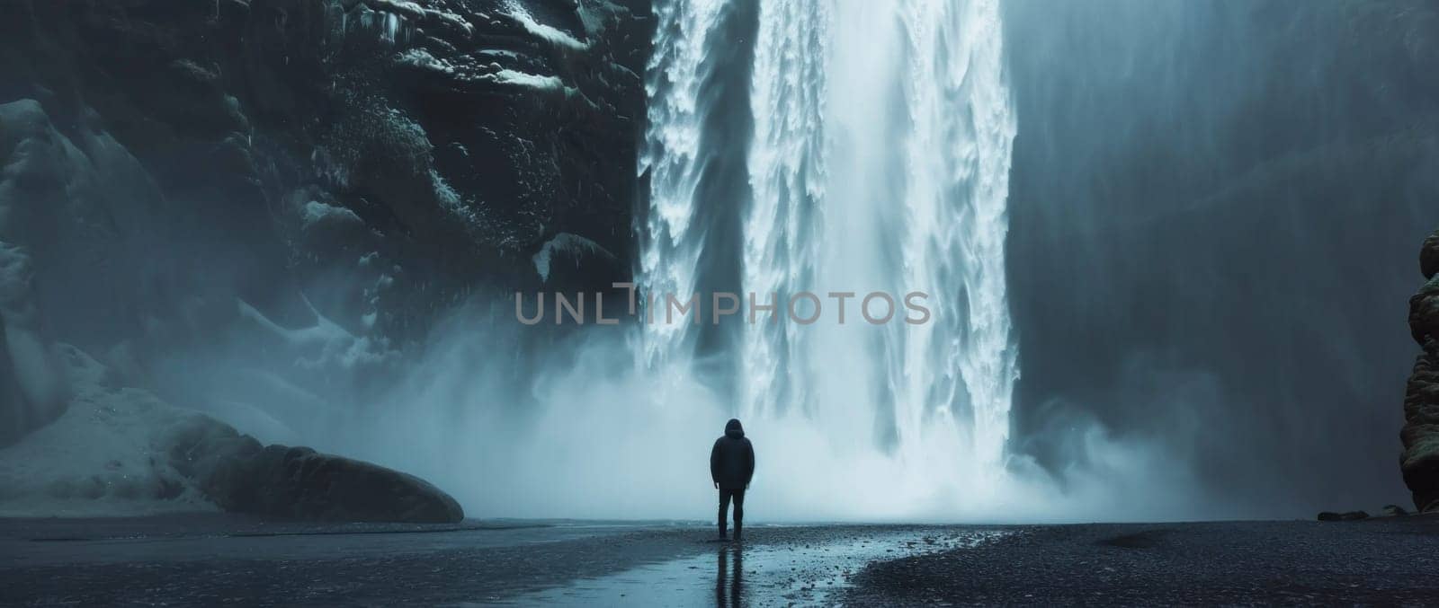 Adventure traveler standing in awe of majestic waterfall surrounded by nature's beauty and tranquility
