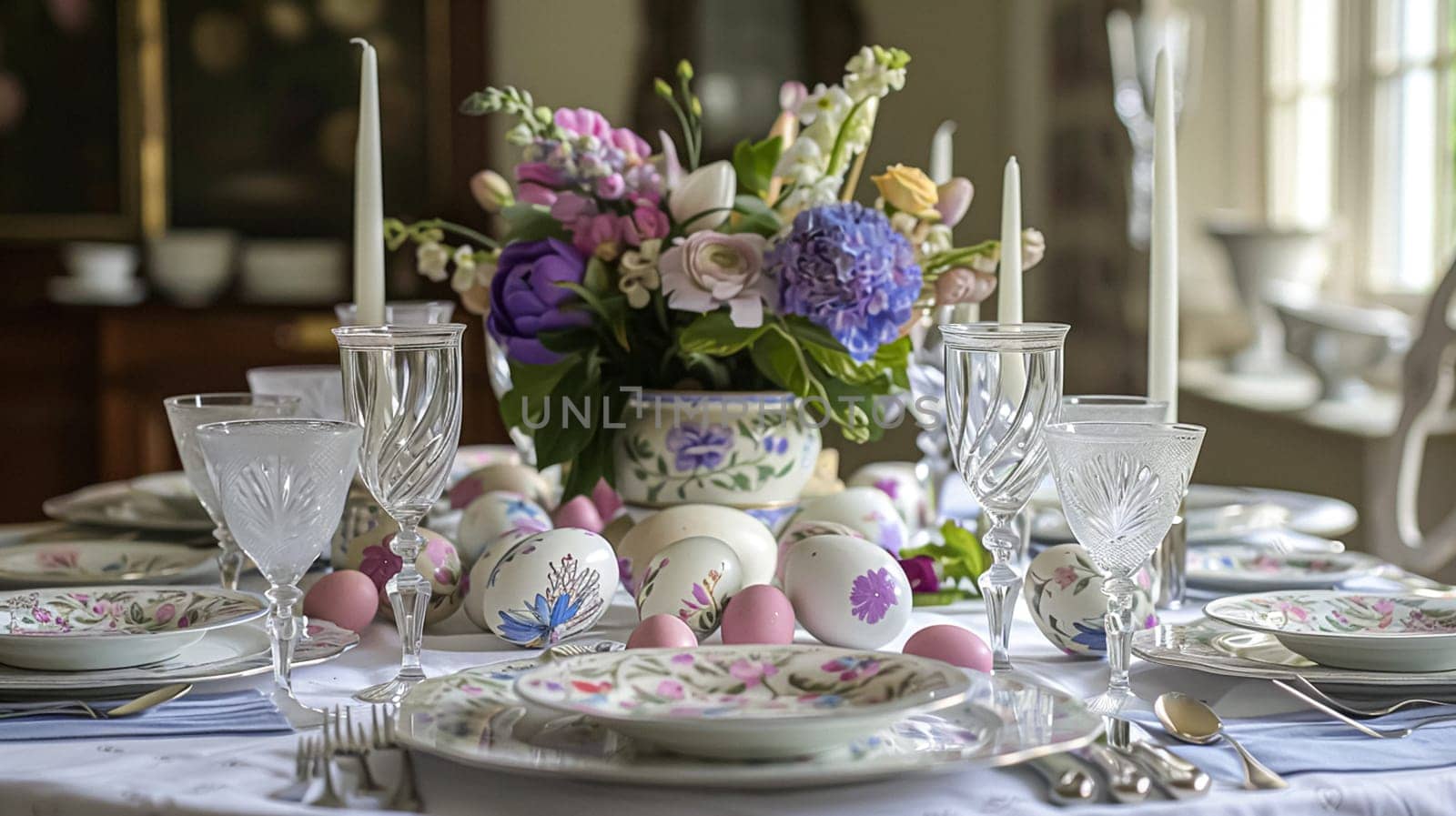 Easter tablescape decoration, floral holiday table decor for family celebration, spring flowers, Easter eggs, Easter bunny and vintage dinnerware, English country and home styling