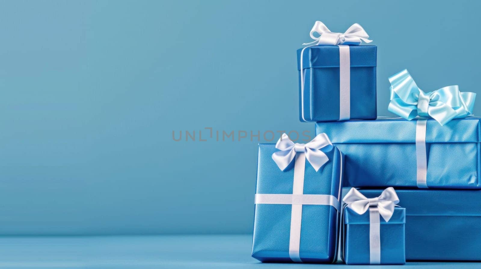 Many blue gift boxes with white ribbons on a blue background with space for copy elegant presentation for special occasions