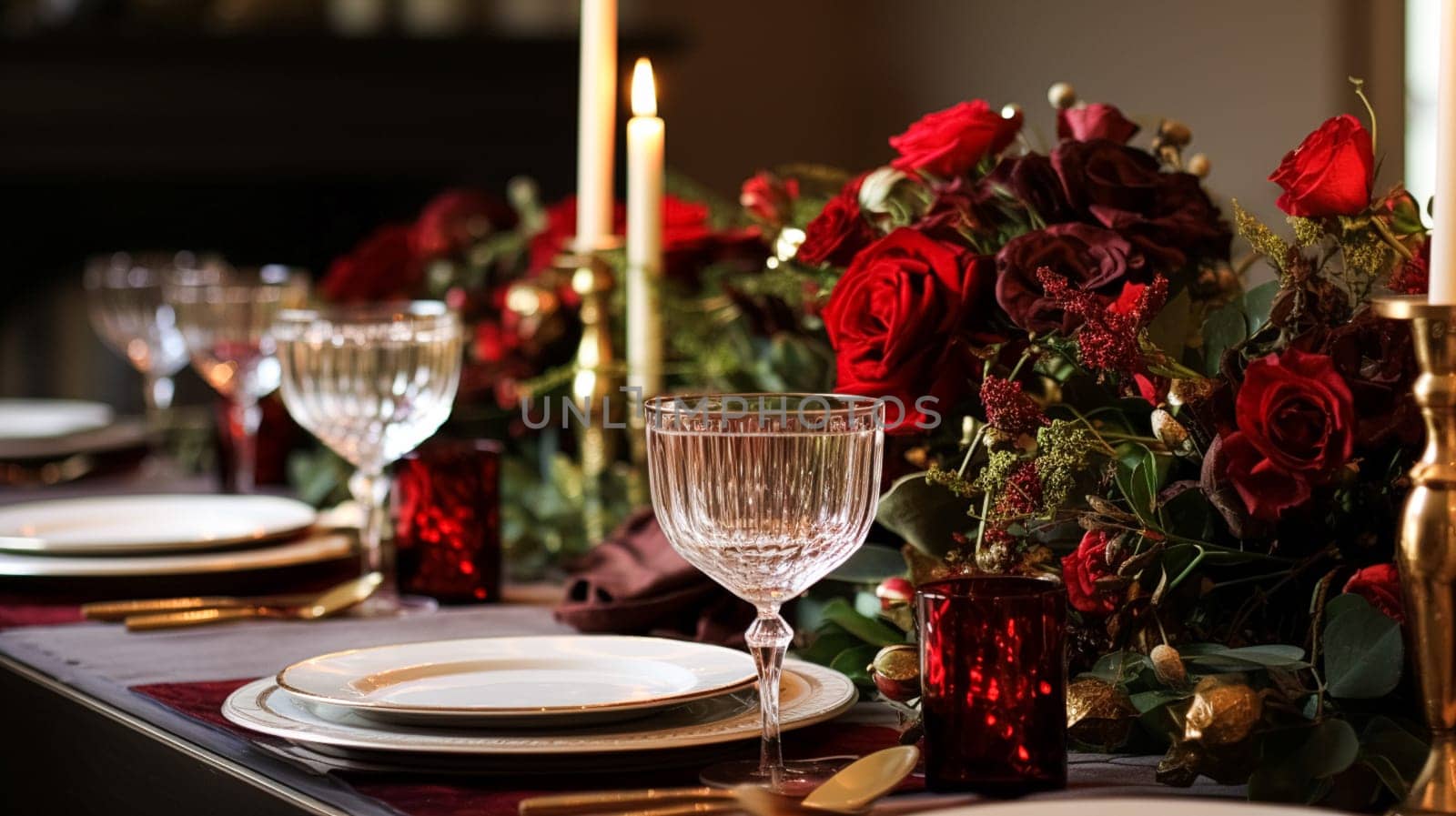 Christmas table decor, holiday tablescape and dinner table setting, formal event decoration for New Year, family celebration, English country and home styling inspiration