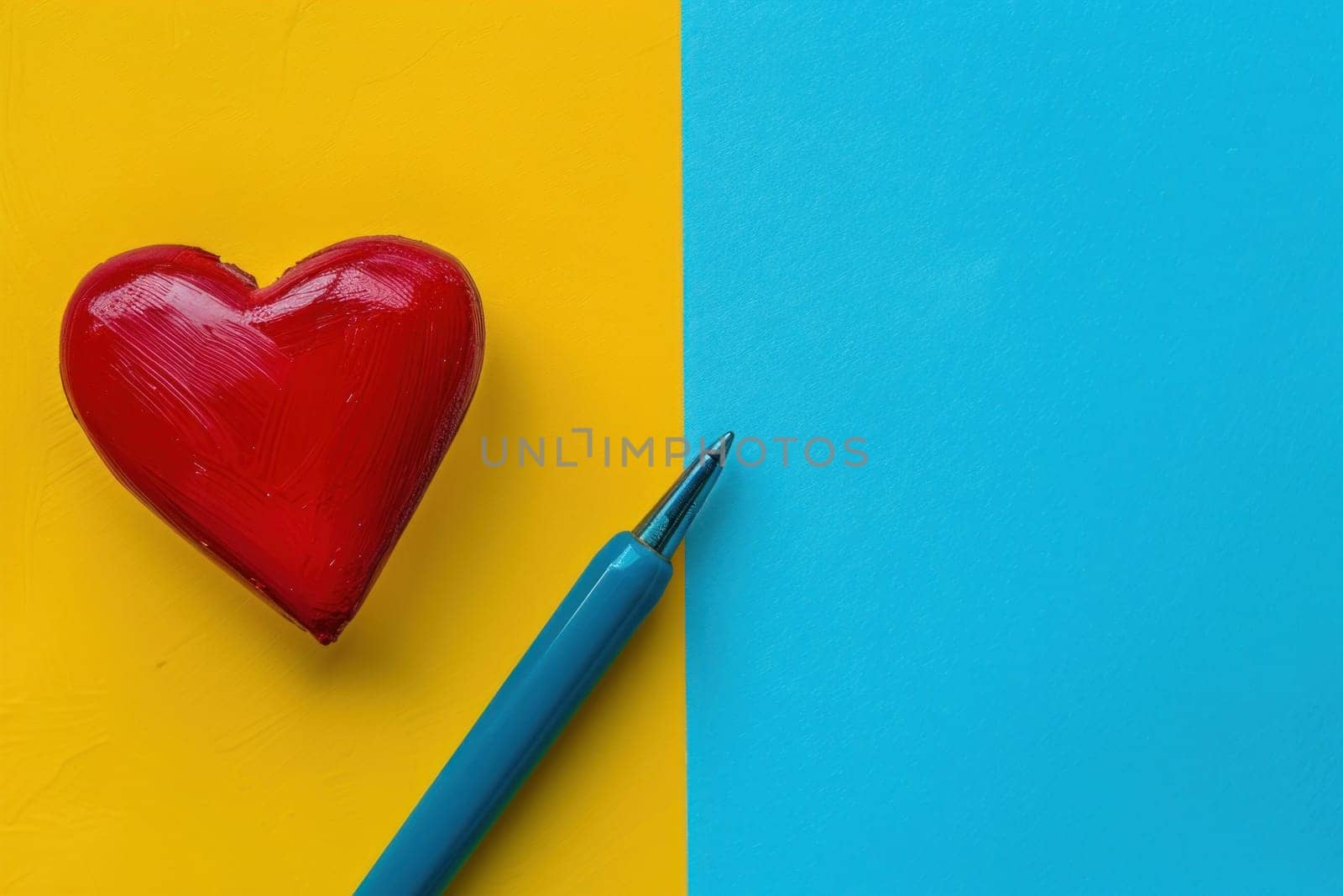Heart on colorful background with pen, relationship between love and creativity, inspiring artistic design for writing stationery