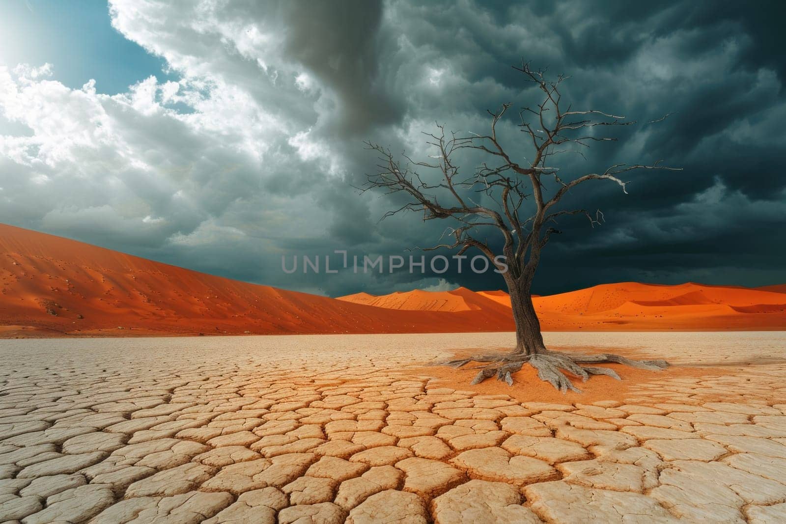 Desolate landscape a dead tree in the arid desert under a stormy sky