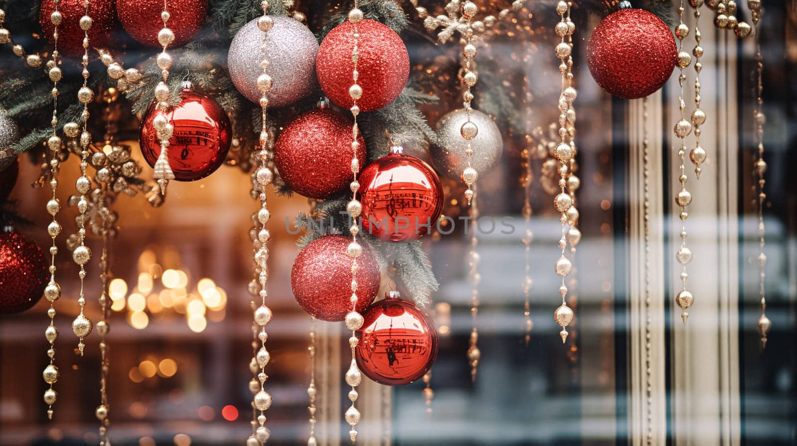 Christmas decoration details on English styled luxury high street city store door or shopping window display, holiday sale and shop decor inspiration