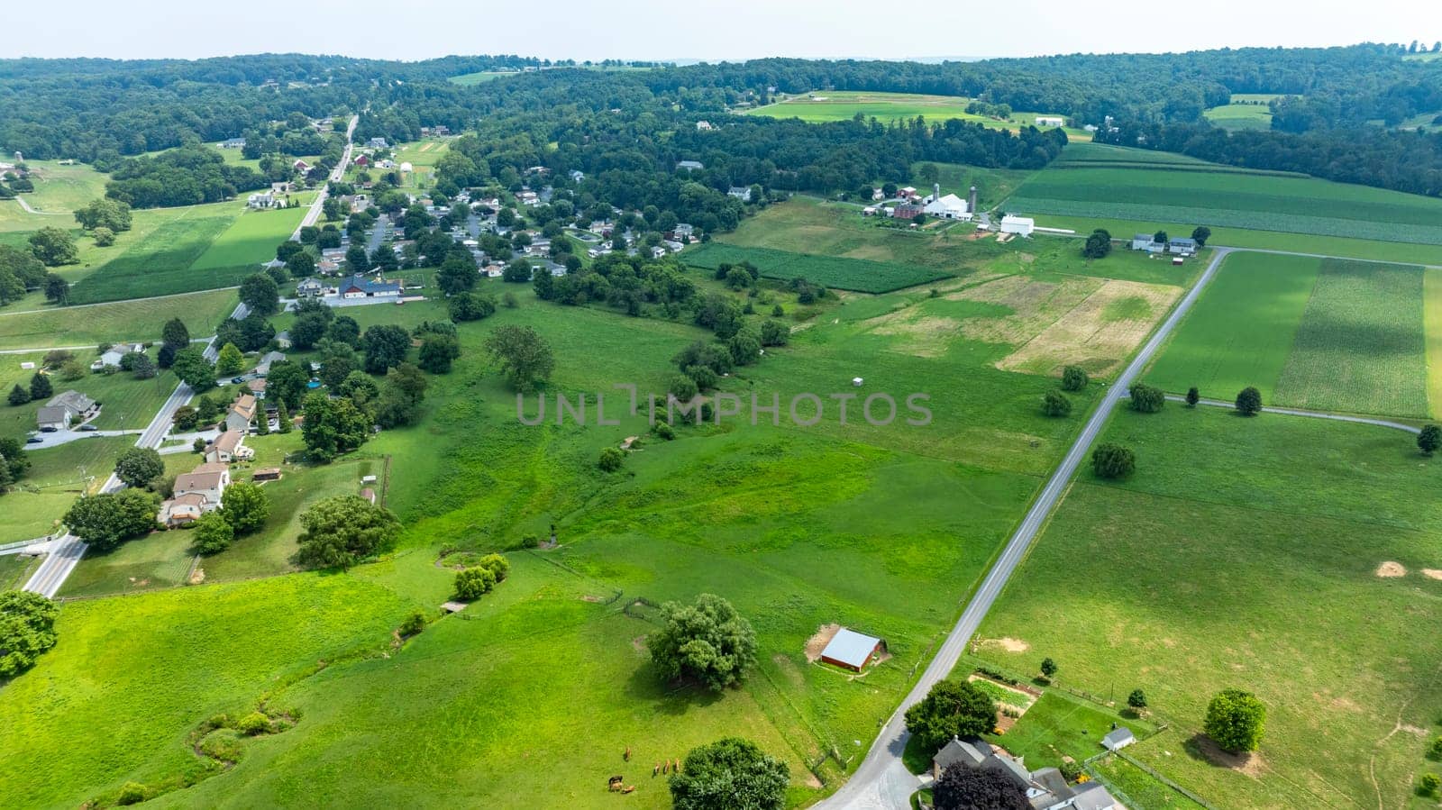 An Aerial View of Rural Community and Farmlands