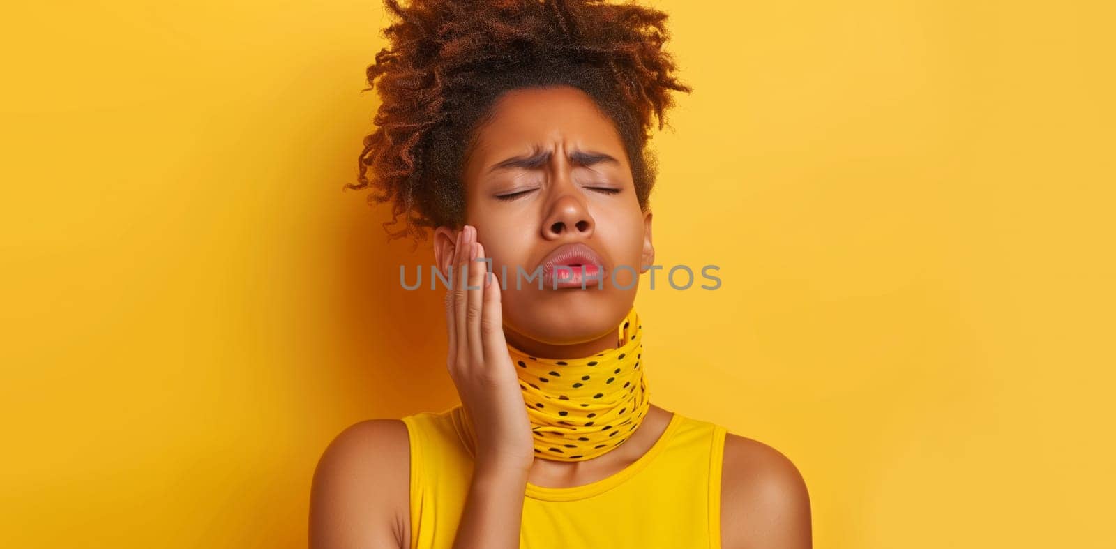Portrait of unhappy african young woman suffers from toothache, pain in teeth, dental hygiene or oral health, patient frowning touches his cheek on yellow background