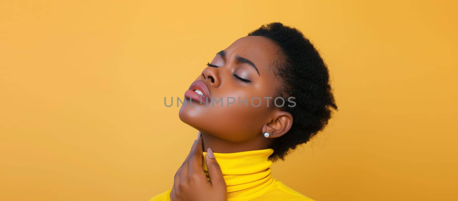 Portrait of sick exhausted african young woman suffering from acute sore in throat flu, touches her neck with hand, she feels bad