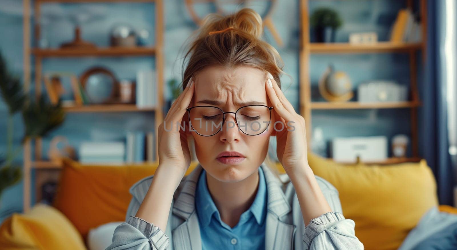 Portrait of exhausted tired young woman with headache, stress, fatigue, temples pain, suffers from migraine, tension in the head at home