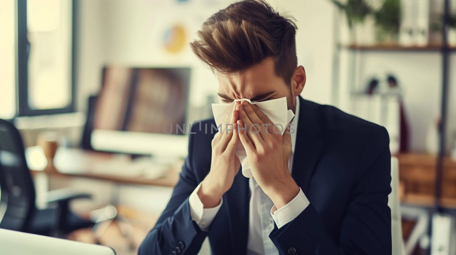 Sick exhausted caucasian man employee sneezing blow nose with tissue, suffers from influenza virus in workplace in the office