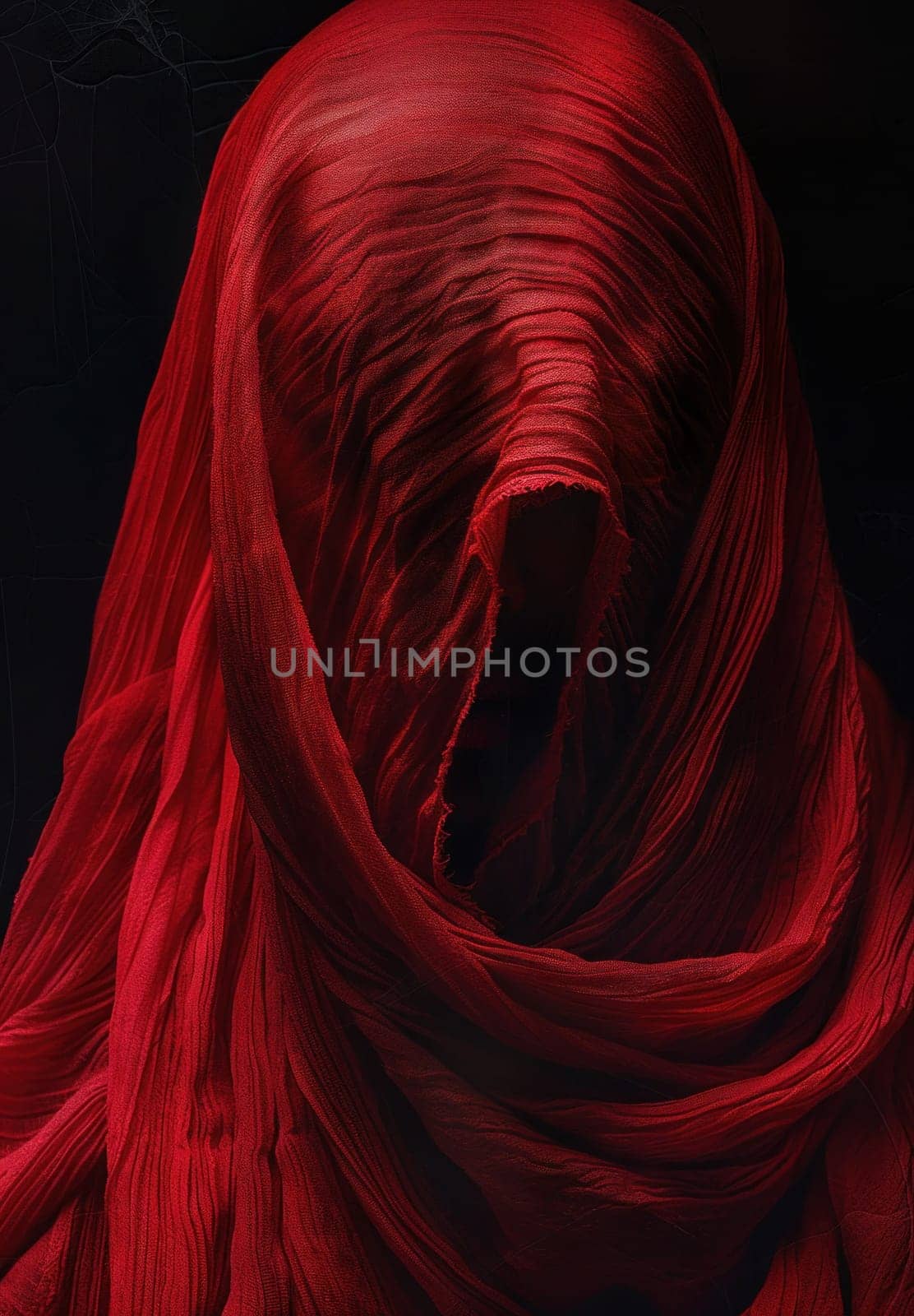 Woman in red shawl covering her head and face standing outdoors in a cultural fashion statementiveculture and tradition in photography