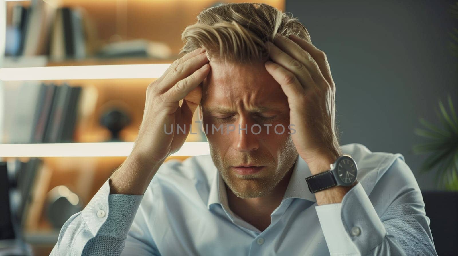 Portrait of exhausted tired businessman with headache, stress, fatigue, temples pain, suffers from migraine, tension in the head in the office