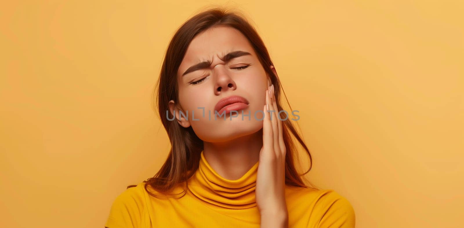 Portrait of unhappy young woman suffers from toothache, pain in teeth, dental hygiene or oral health, patient frowning touches his cheek on yellow background