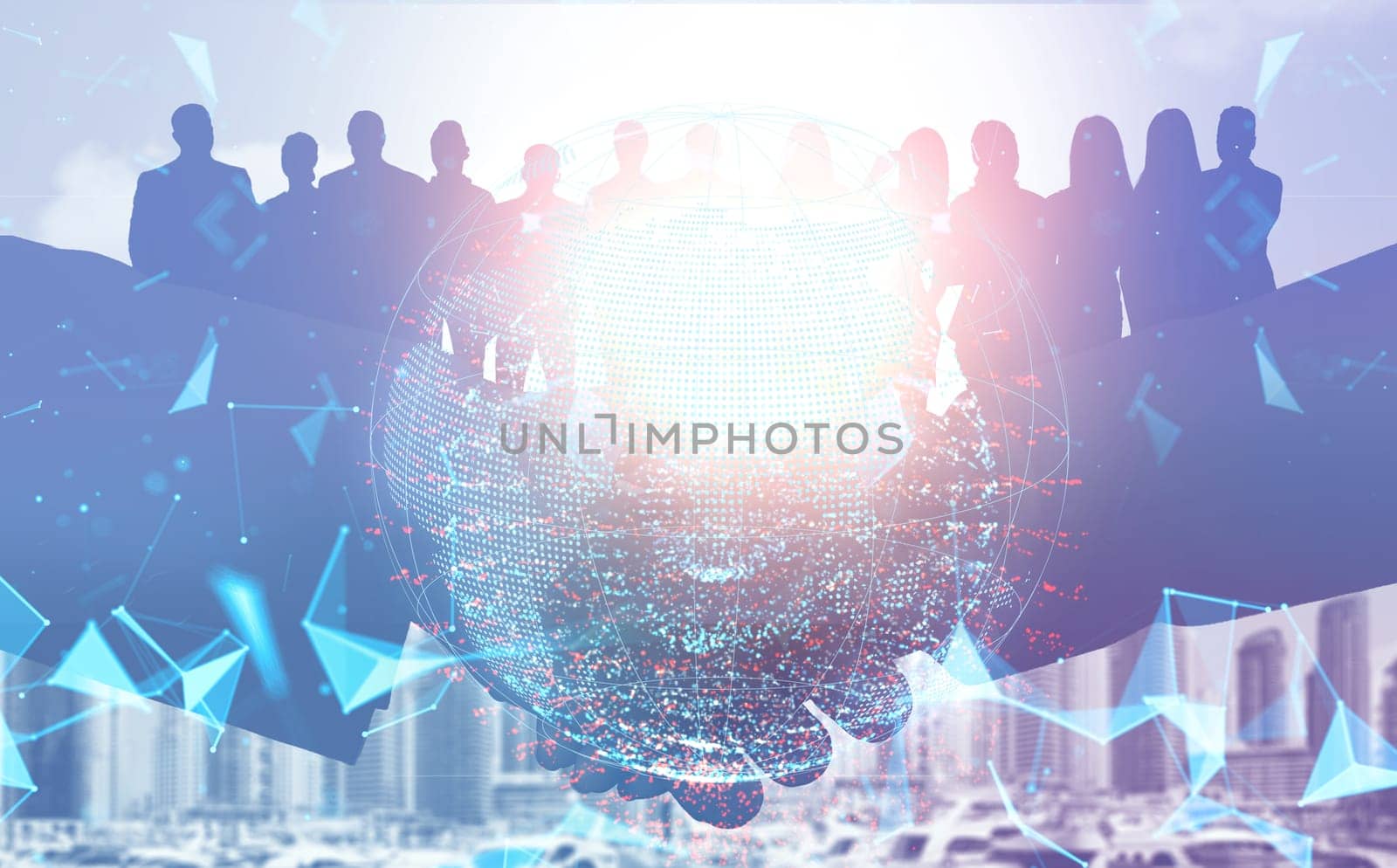 Creative image of silhouettes of businesspeople standing together on abstract gray background
