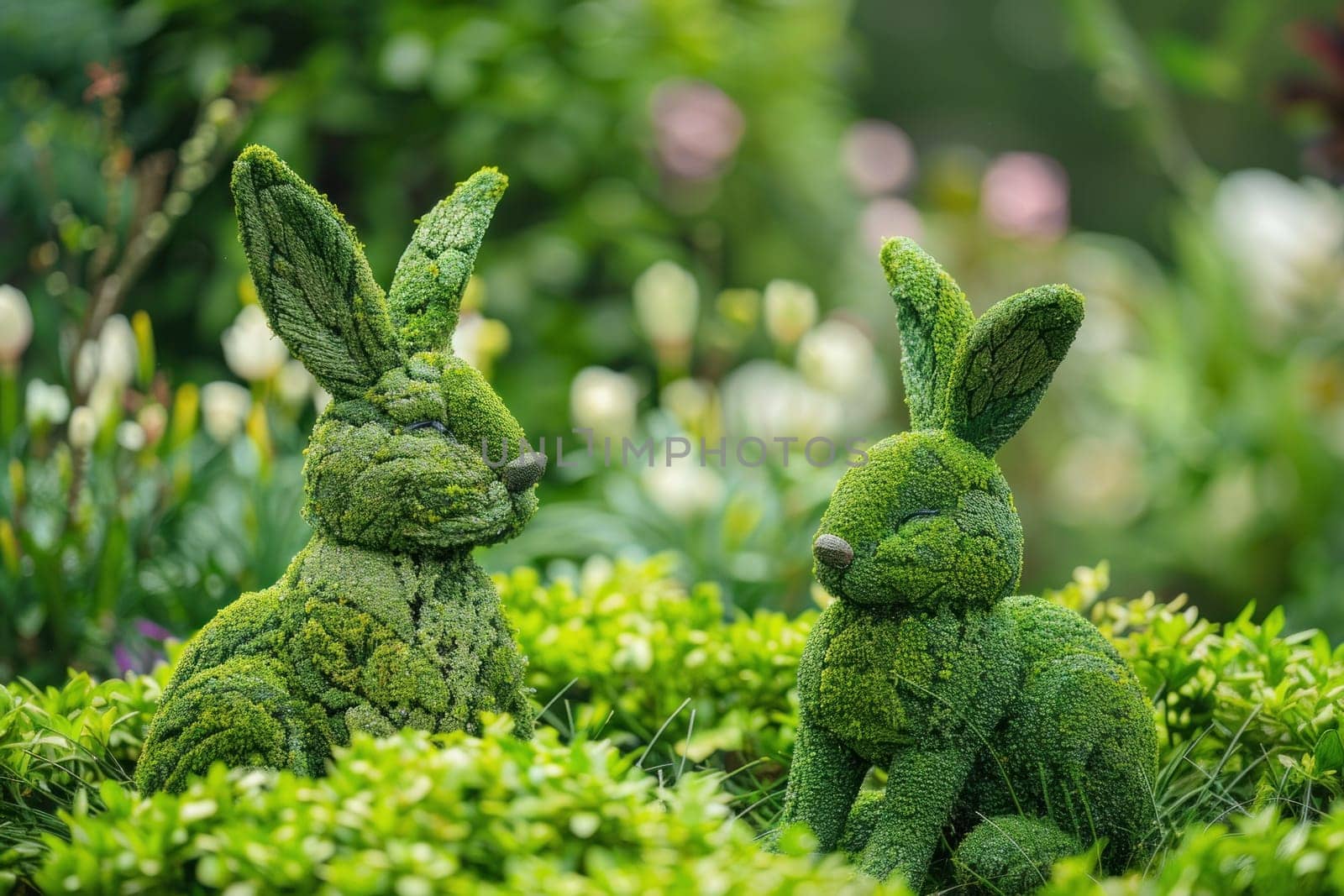 Grassy rabbits relaxing in vibrant garden surrounded by flowers and shrubs by Vichizh