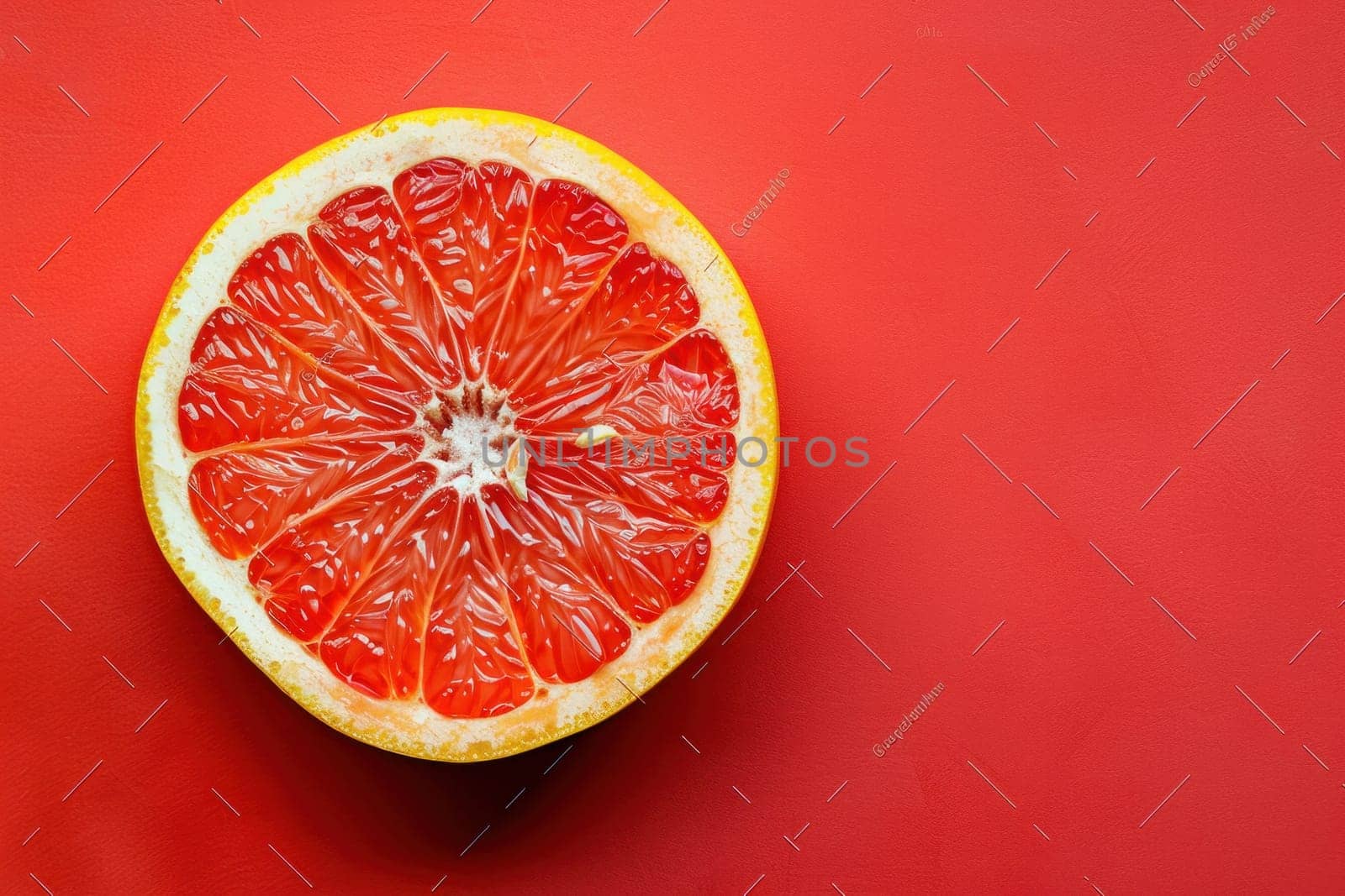 Half of fresh grapefruit on vibrant red background for health and wellness concept