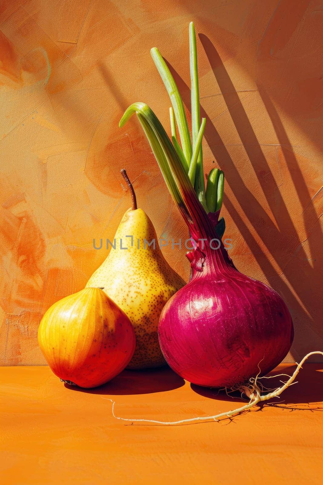 Healthy organic produce two onions and a pear on a table with vibrant orange background