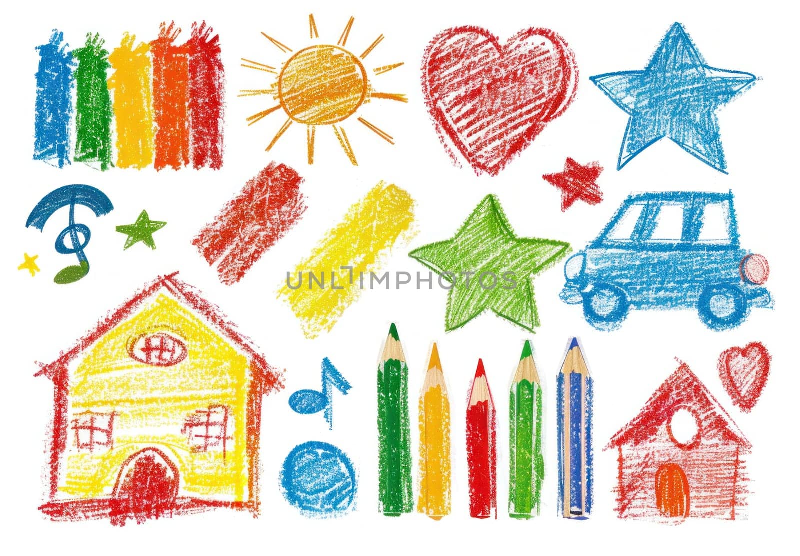 Colorful crayon drawings of a charming house, sparkling stars, and various objects for creative art collection