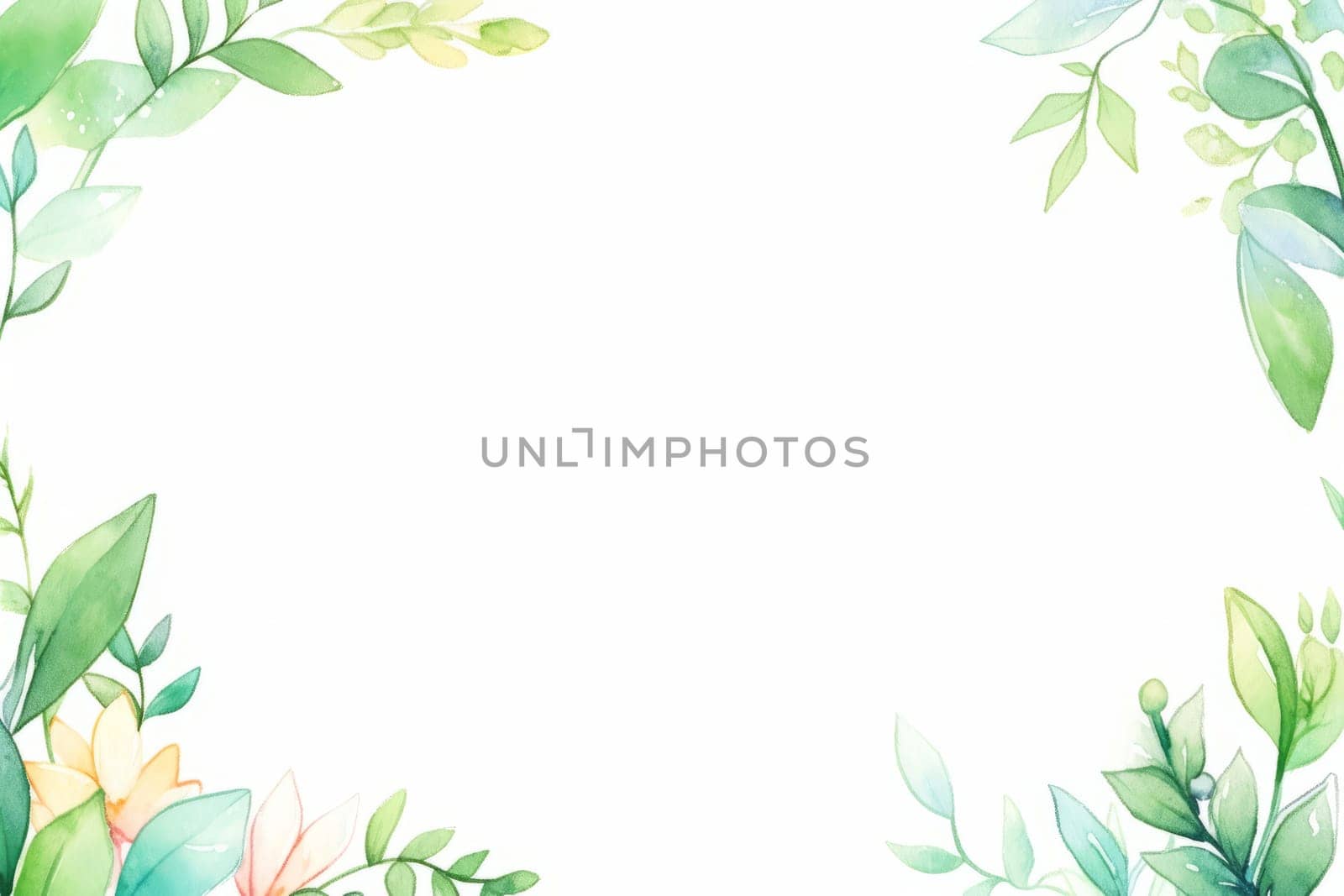 Watercolor hand painted green floral banner or frame, background illustration