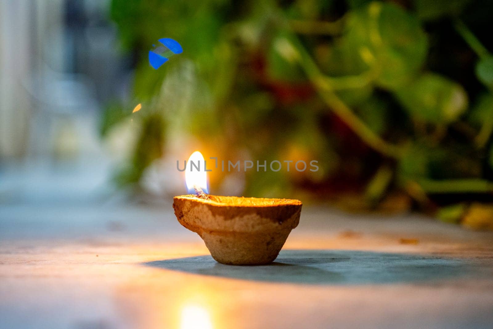 Organic diya lamp made of organic coconut fiber filled with oil and lit to provide light and as an offering to the hindu gods on the festival of diwali by Shalinimathur
