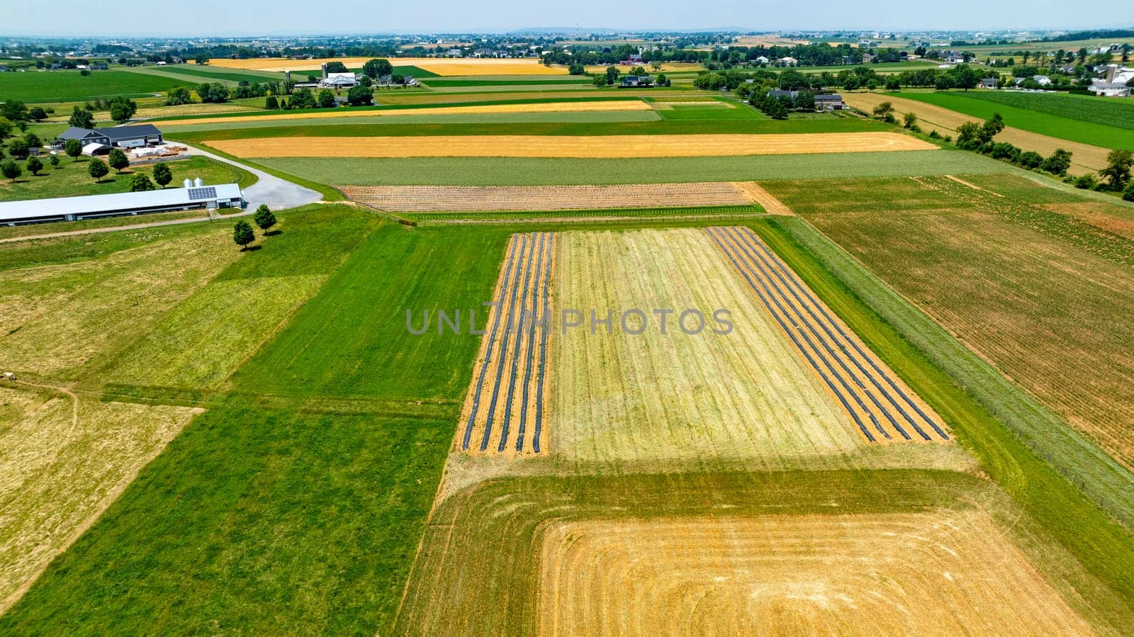 An Aerial View of Expansive Farmland with Crops and Pastures