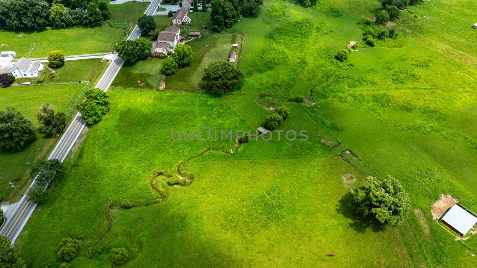 An Aerial View of Green Pasture and Rural Road