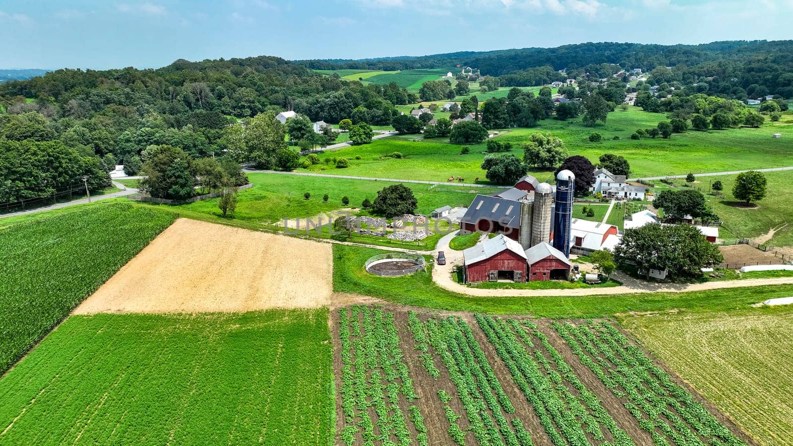 An Aerial View of a Farm with Green Fields and Crops