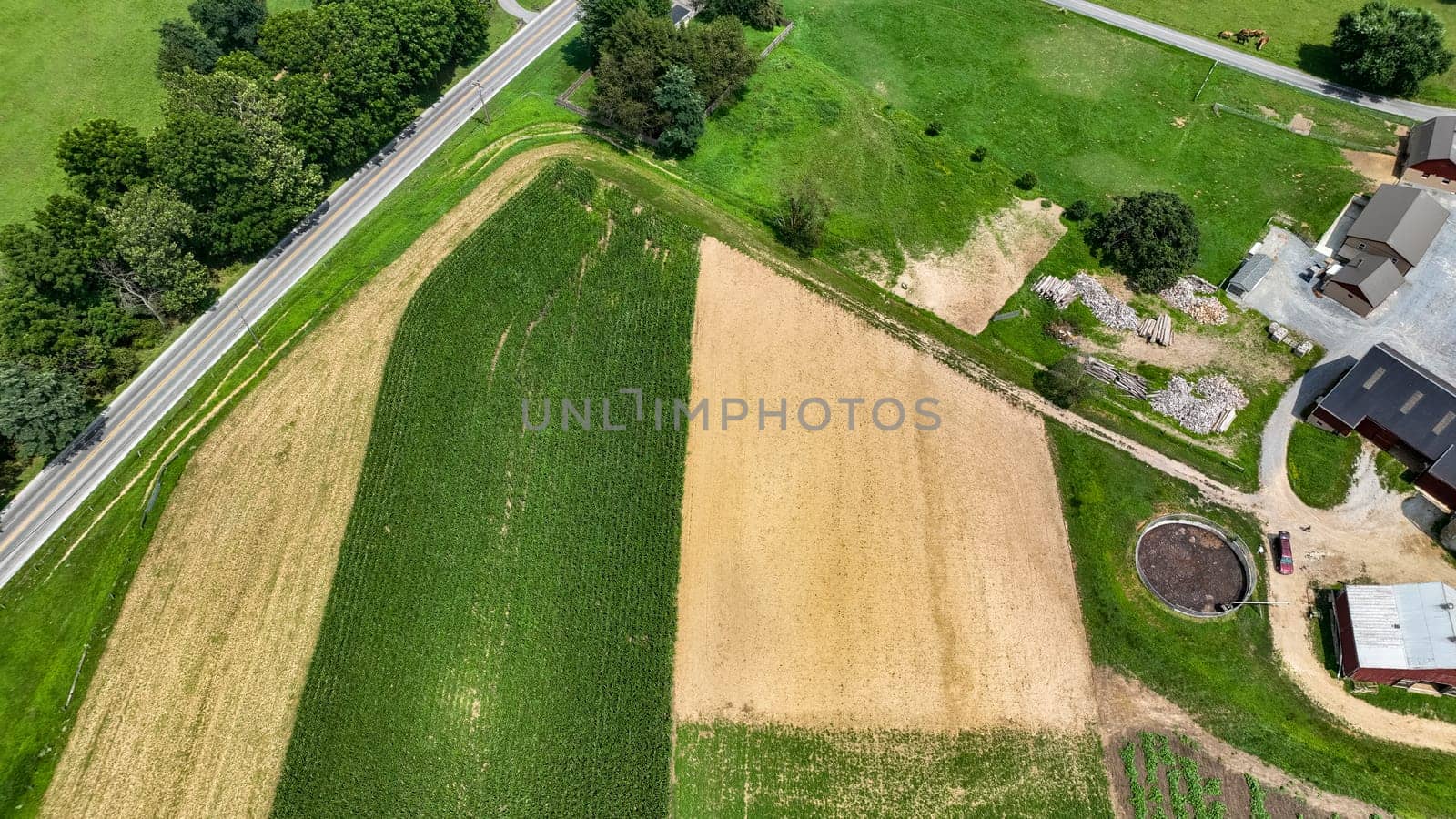 An Aerial View of a Farm with Green Fields and Crops