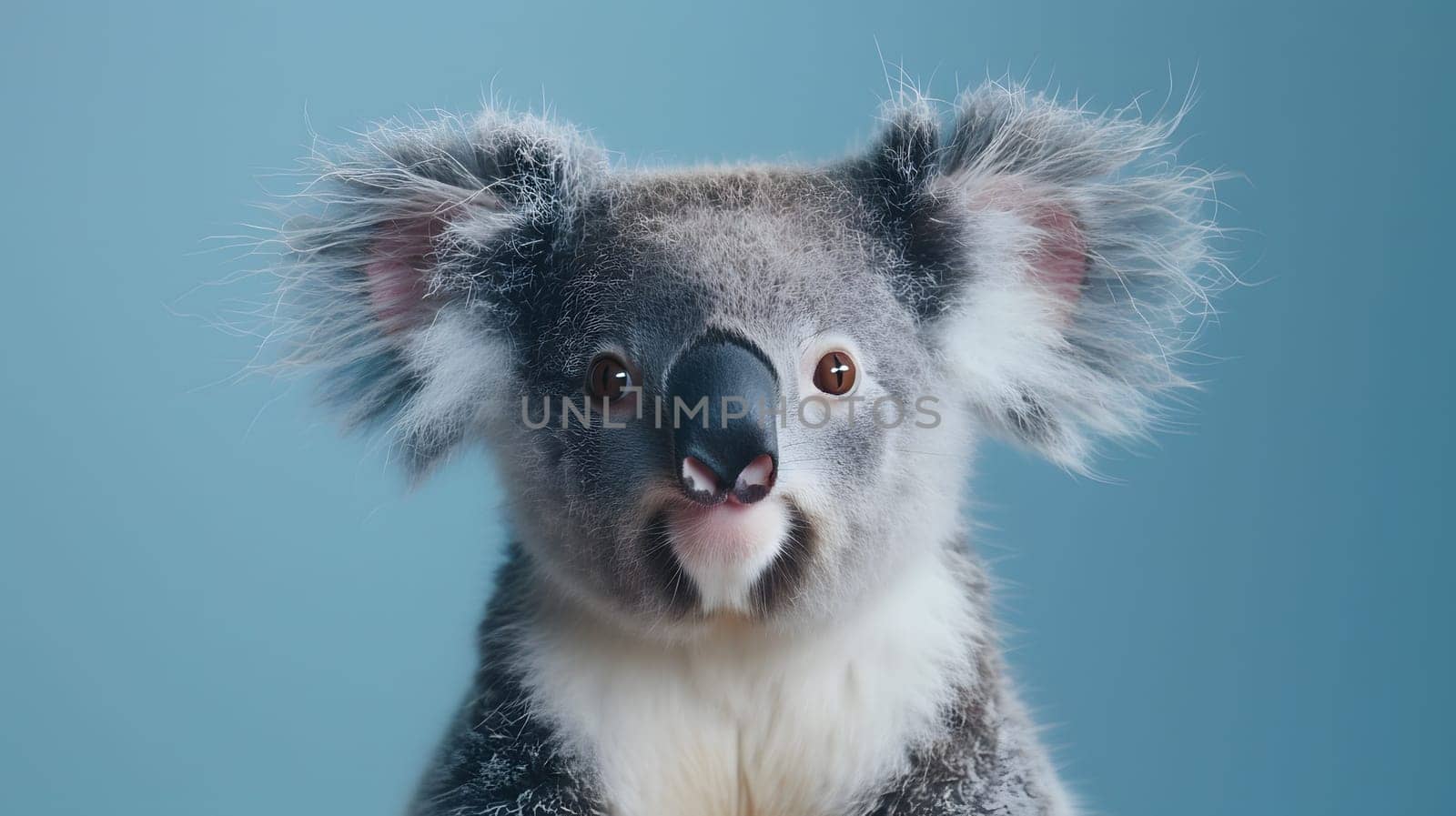 A curious terrestrial animal, the koala bear, with electric blue fur, is sticking its tongue out and looking at the camera in this wildlife photo caption