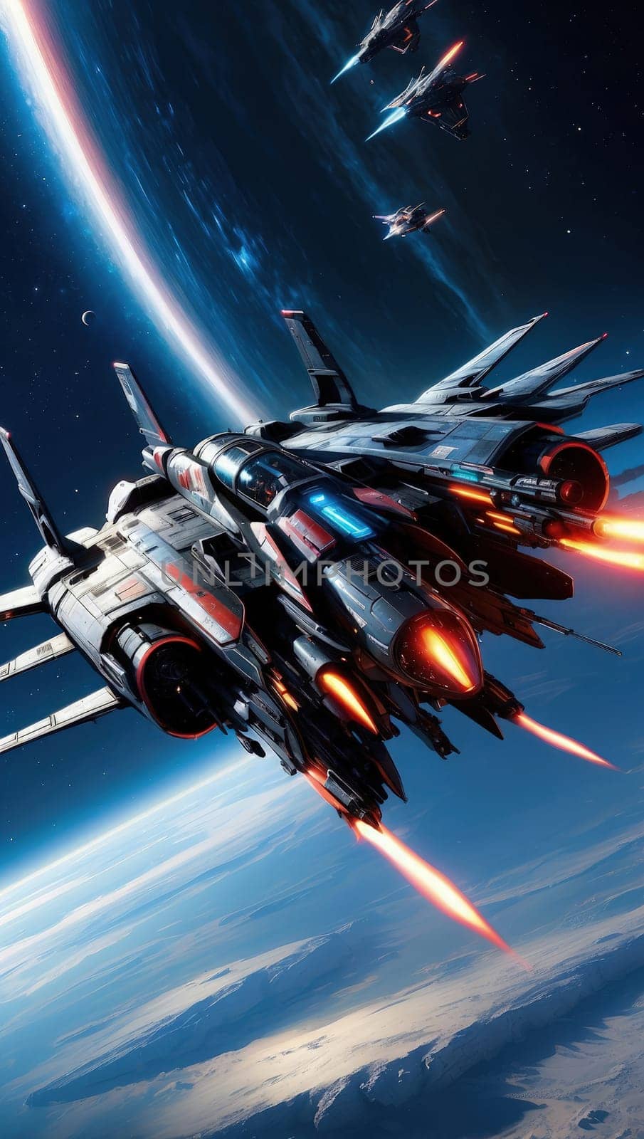 Futuristic spaceship flying in the space. 3D rendering. by Waseem-Creations