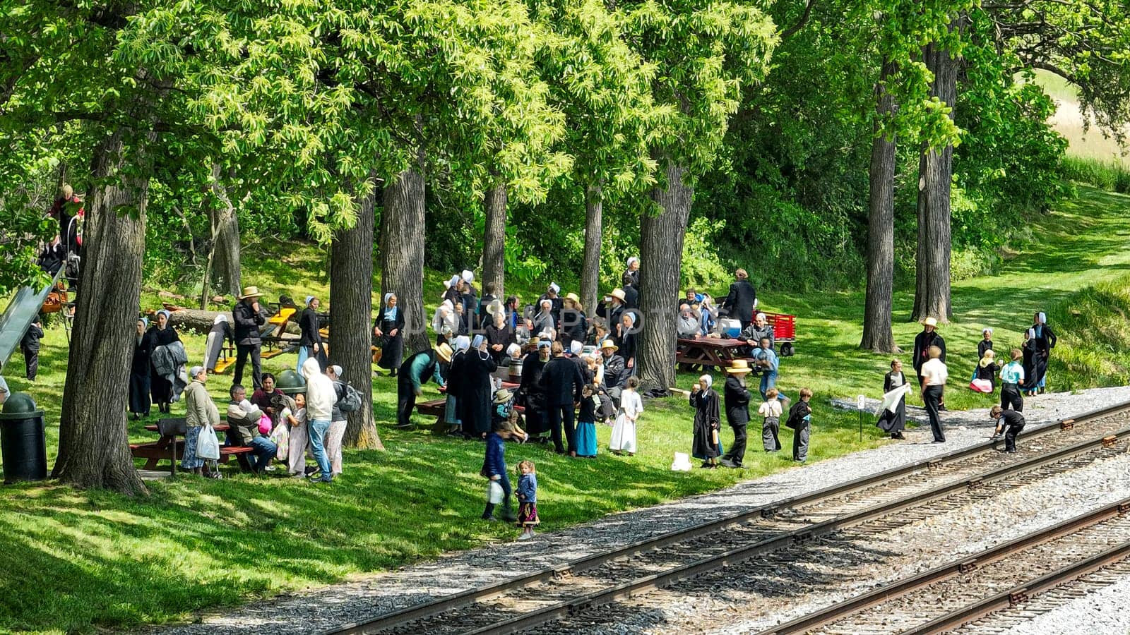 Ronks, Pennsylvania, USA, May 18. 2023 - An Amish Community Gathering in a Shaded Park by Railroad Tracks