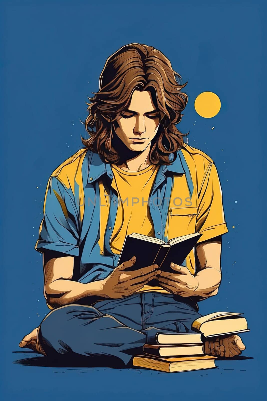 Vector illustration of a young man reading a book on a blue background. Generative AI.