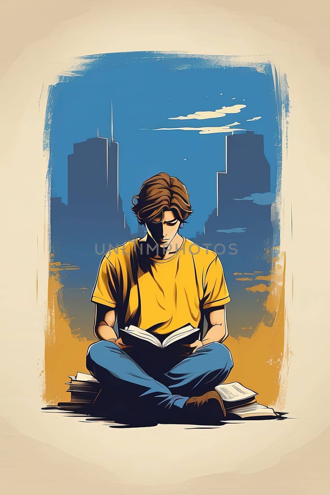 Vector illustration of a young man reading a book in the city. Generative AI.