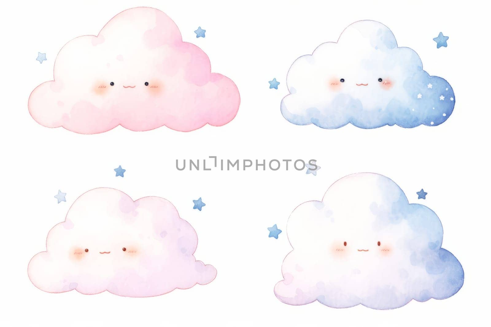 Clouds face set hand drawn simple cute watercolor illustration. by Artsiom