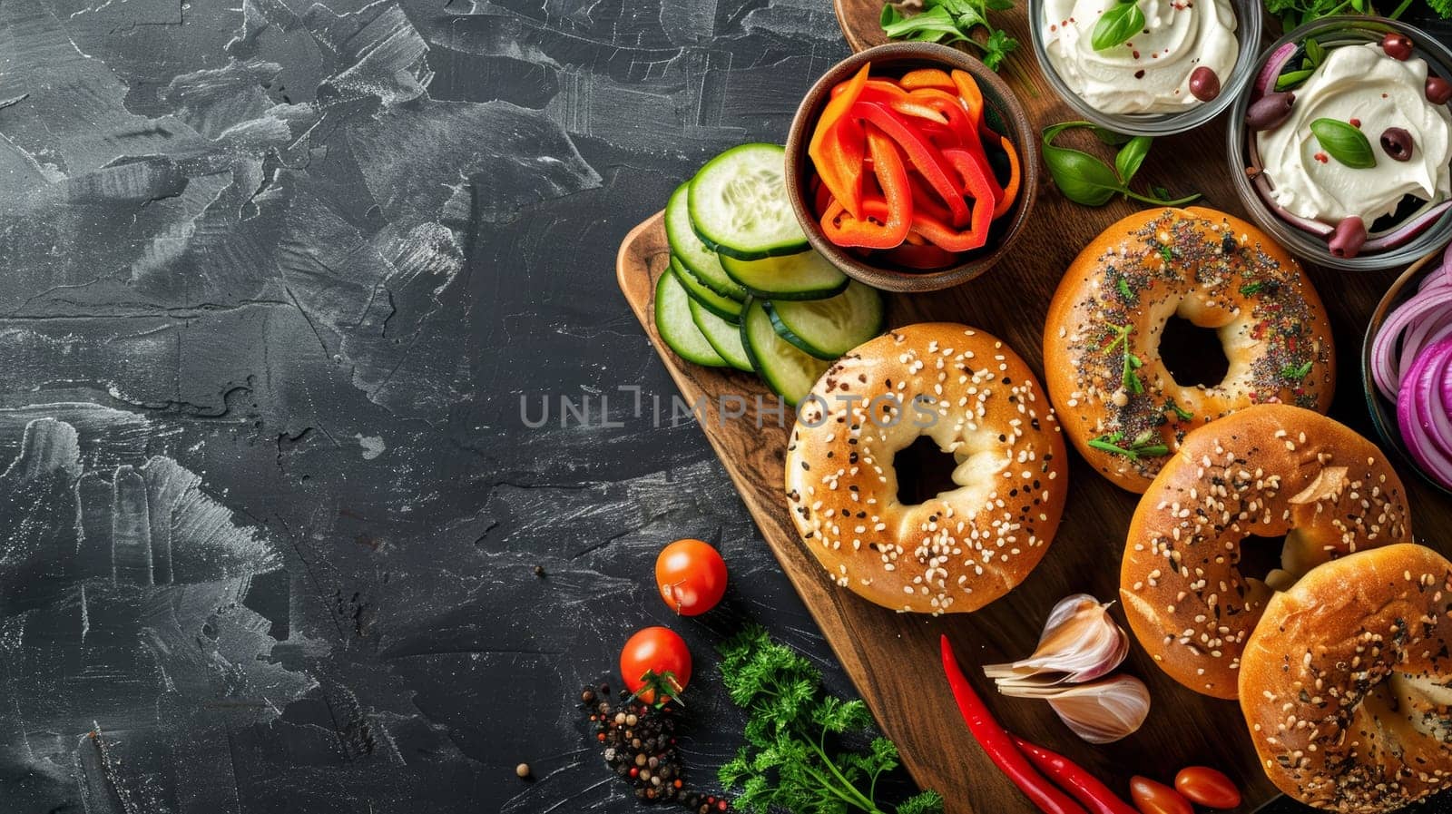 Vibrant Bagel Spread with Fresh Veggies with Copy Space for Text by sfinks