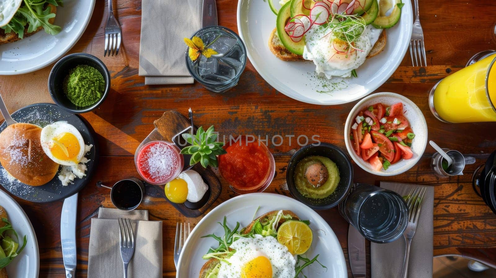 Vibrant Breakfast Spread with Avocado Toast and Fried Eggs.