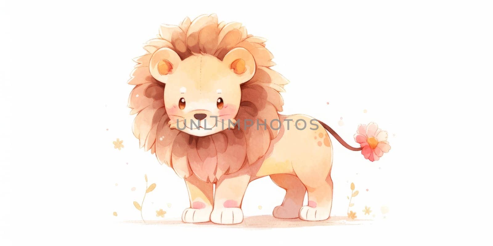 Cute kawaii baby lion hand drawn watercolor illustration. by Artsiom