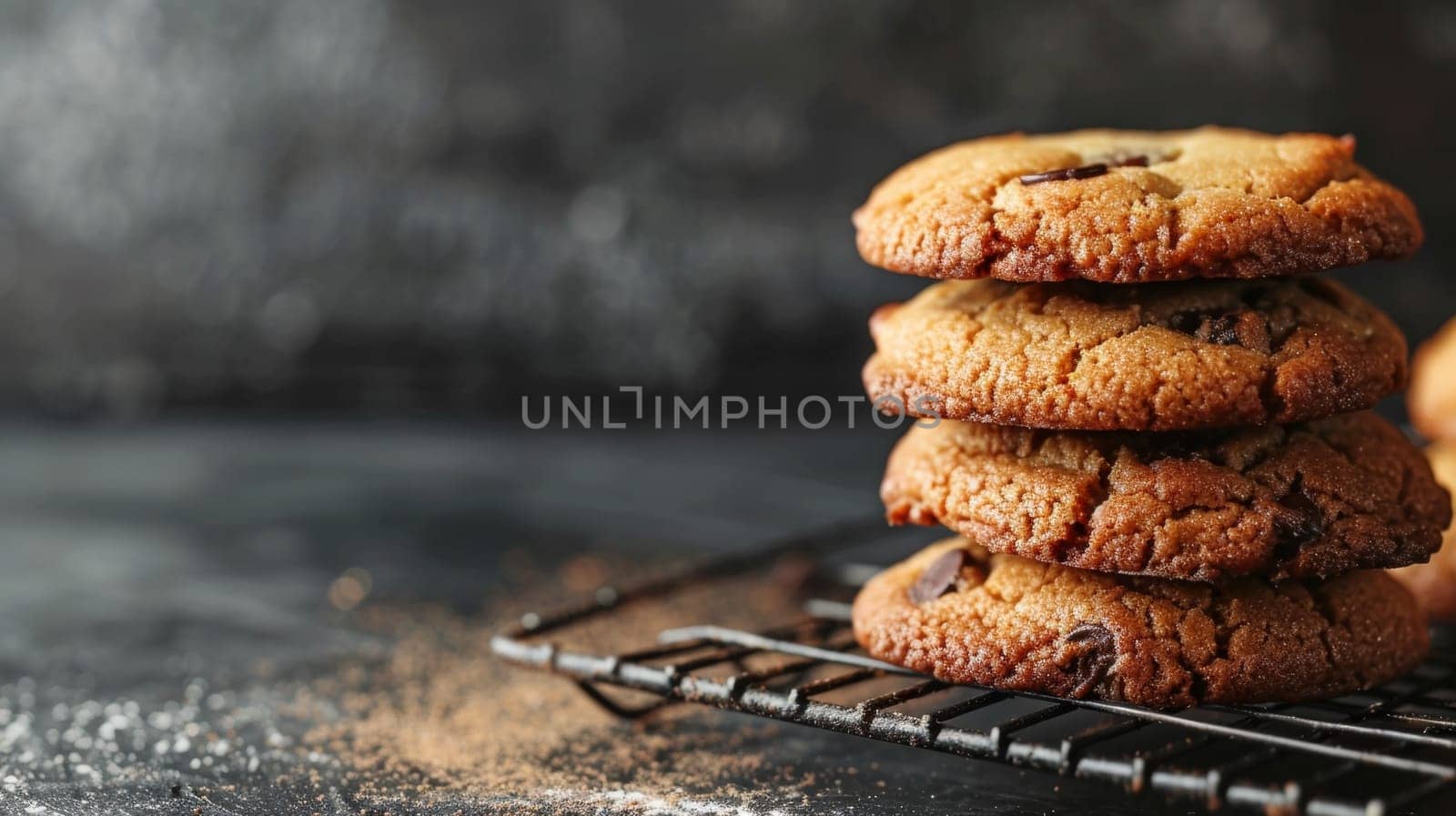 Stacked Gourmet Cookies with Chocolate Chunks with Copy Space for Text.