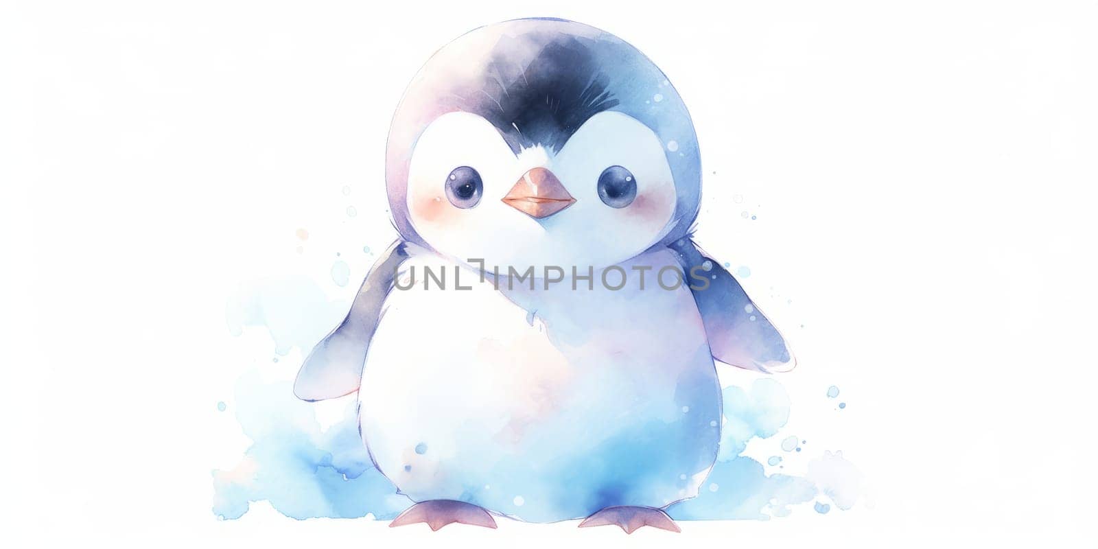 Cute kawaii baby penguin hand drawn watercolor illustration. by Artsiom