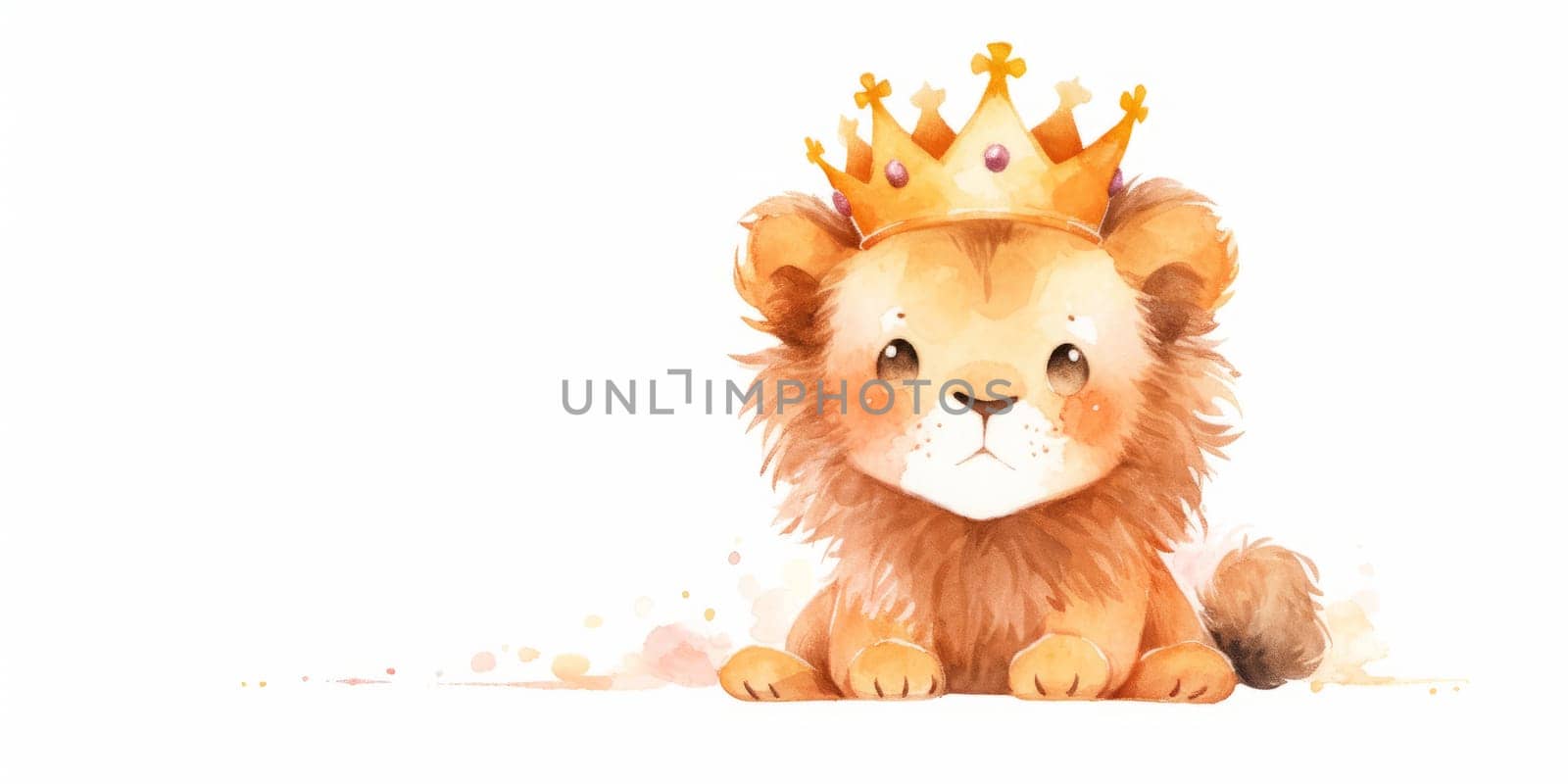 Cute kawaii baby lion in crown hand drawn watercolor illustration