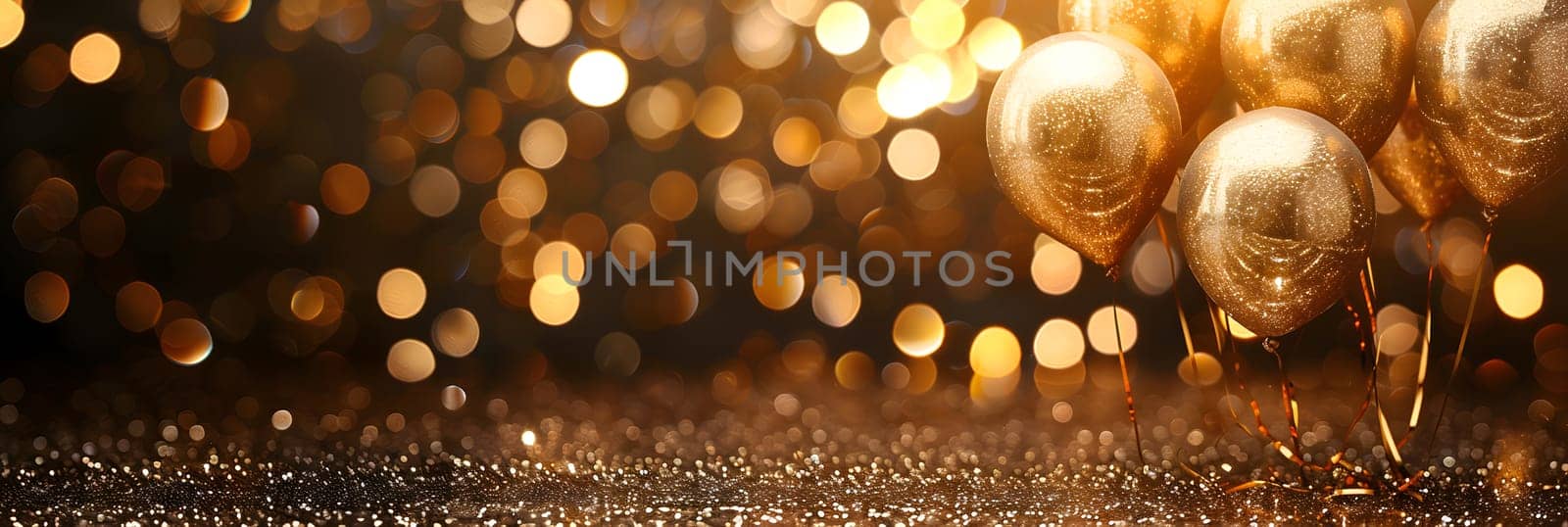 An Ambercolored blur of a Christmas background with gold balls, lights, and Wood flooring. The festive event setting includes a Font of glowing lights and a Circle of happy holiday decorations