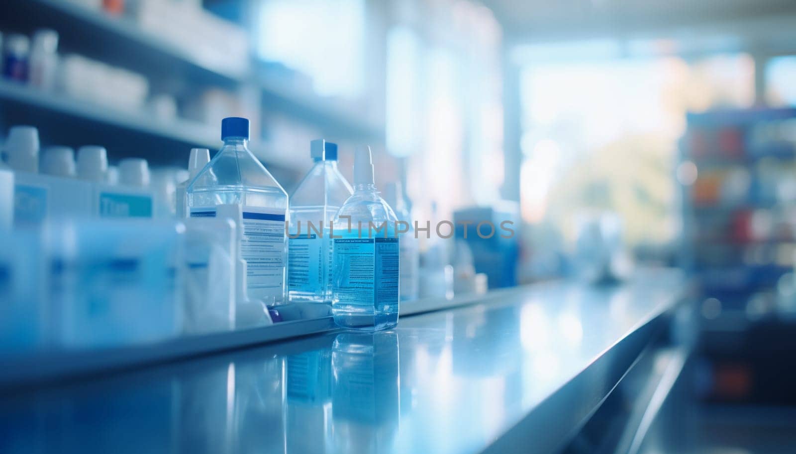 The blurred abstract background of the pharmacy. High quality photo