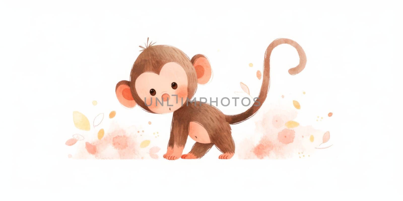 Cute kawaii baby monkey hand drawn watercolor illustration. by Artsiom