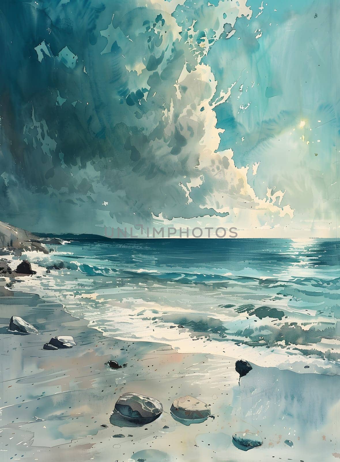 A stunning piece of art depicting a beach on a cloudy day, with a dramatic sky filled with cumulus clouds reflecting on the tranquil water, blending the natural landscape with fluidity