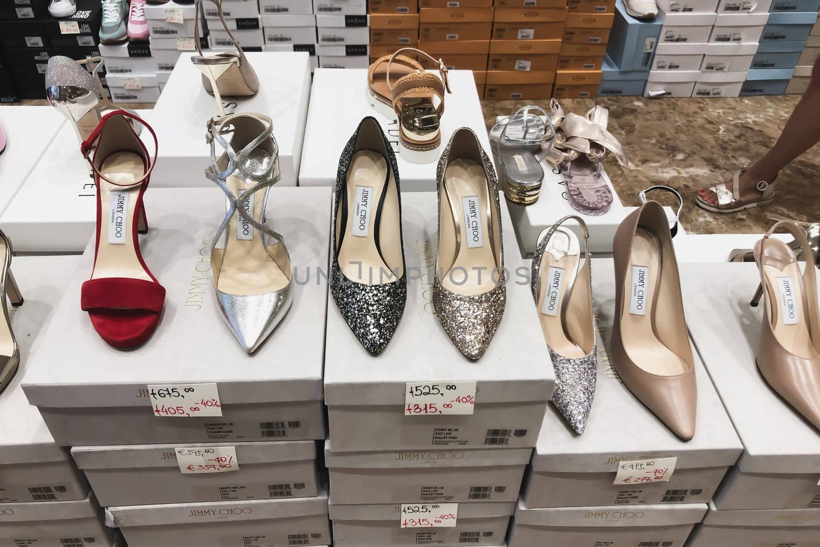 VERONA, ITALY- AUGUST 19, 2019: Jimmy Choo shoes in store with discounts on sale