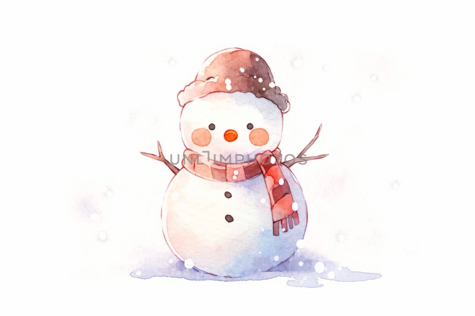 Cute kawaii snowman hand painted watercolor illustration