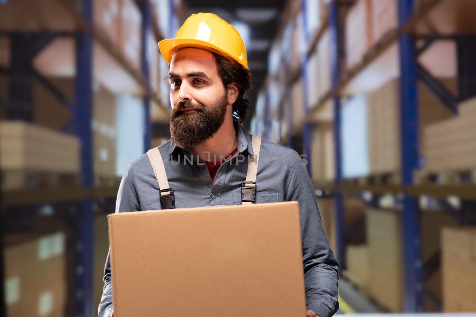 Packaging supervisor carrying products boxes in warehouse, trying to organize cargo and production based on order invoices or label numbers. Depot worker preparing packages on racks.