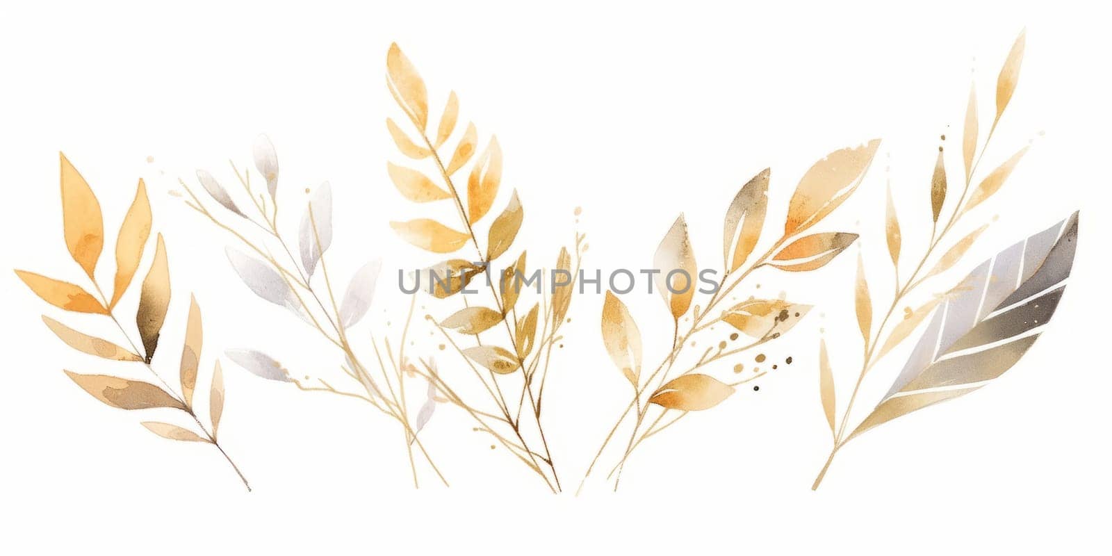 Set of watercolor green leaves with gold lines elements. Clipart botanical collection. by Artsiom