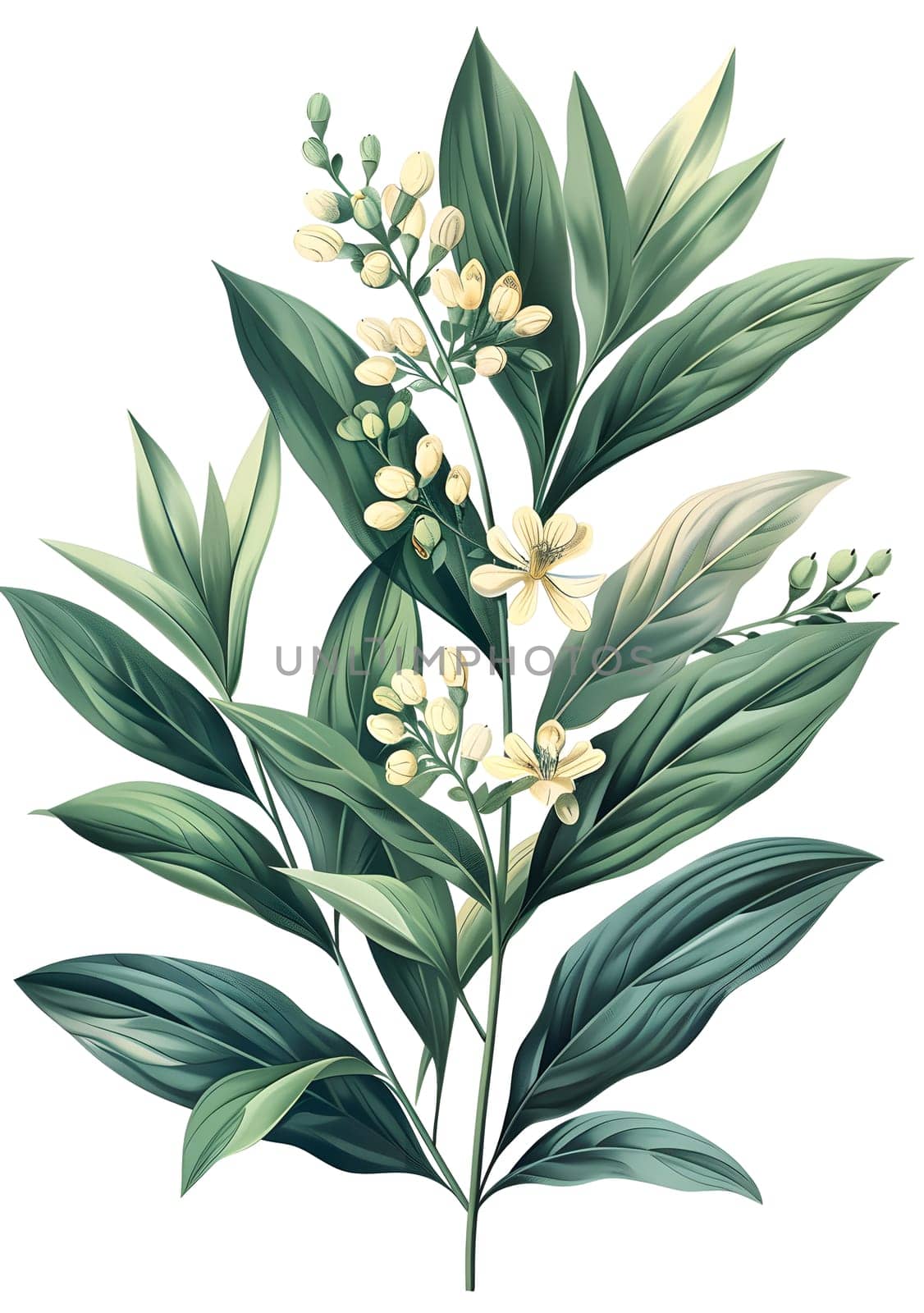 A houseplant with green leaves and yellow flowers is depicted in a painting of a terrestrial plant on a white background, resembling a subshrub or herbaceous plant