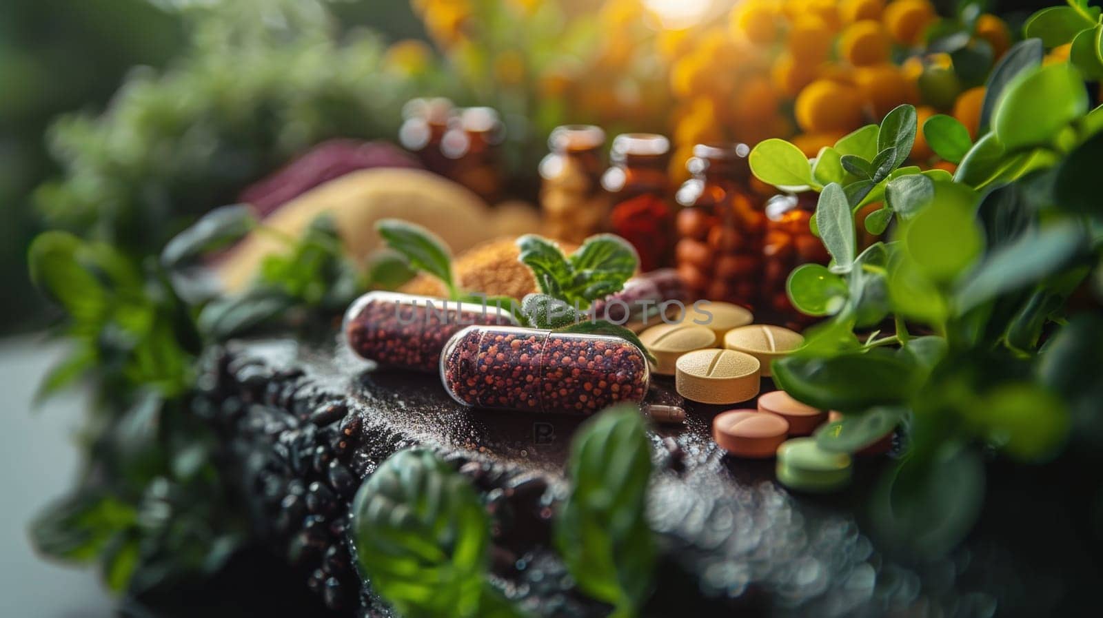 Vitamin capsules in a jar on the table. Vitamin tablets .